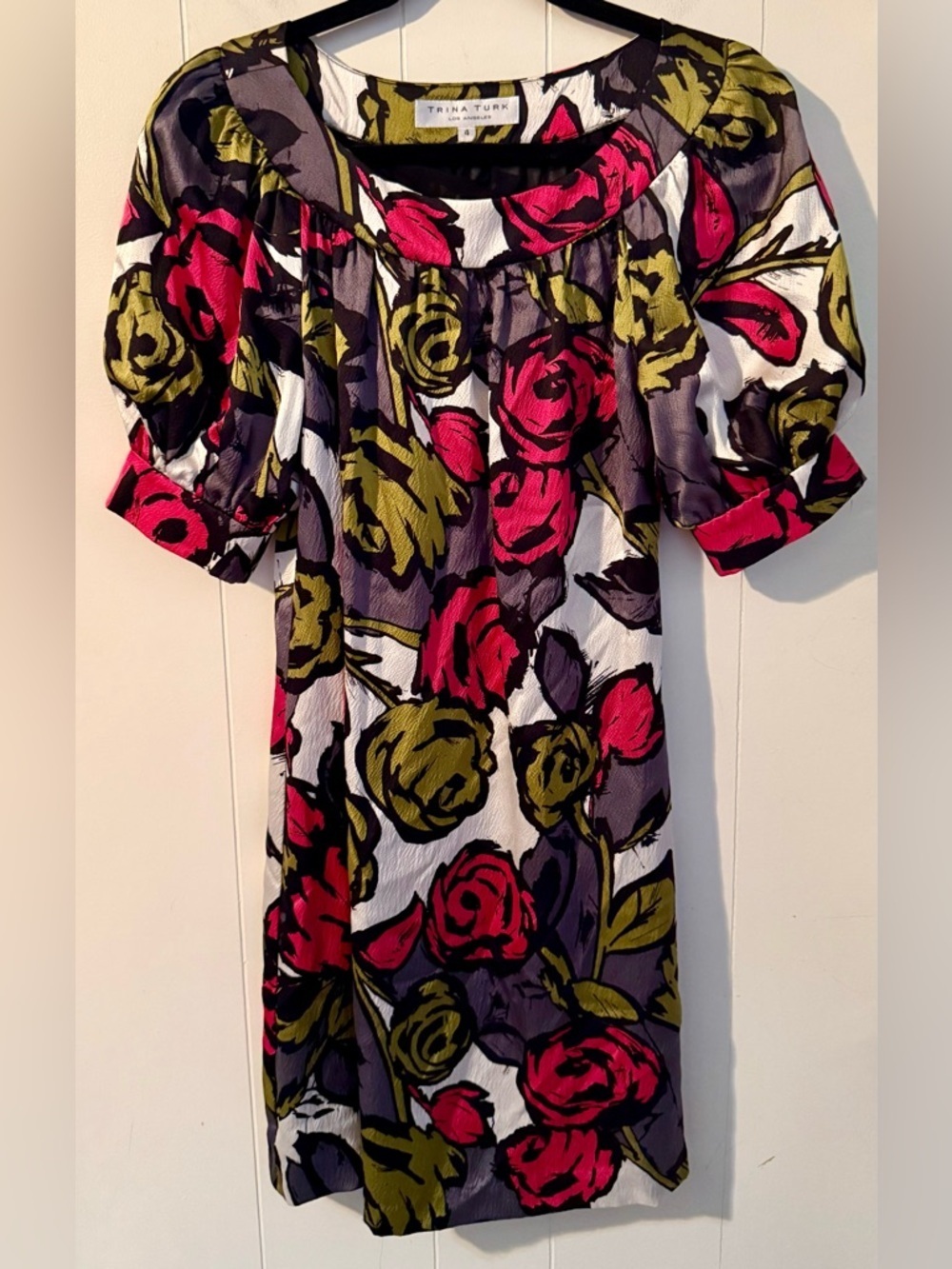 Trina Turk Puff Sleeve 100% Silk Dress Floral Print Size 4